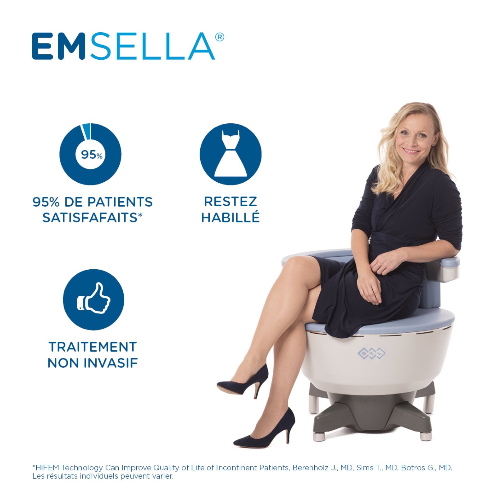 Patiente assise habillée sur la chaise Emsella, traitement non invasif